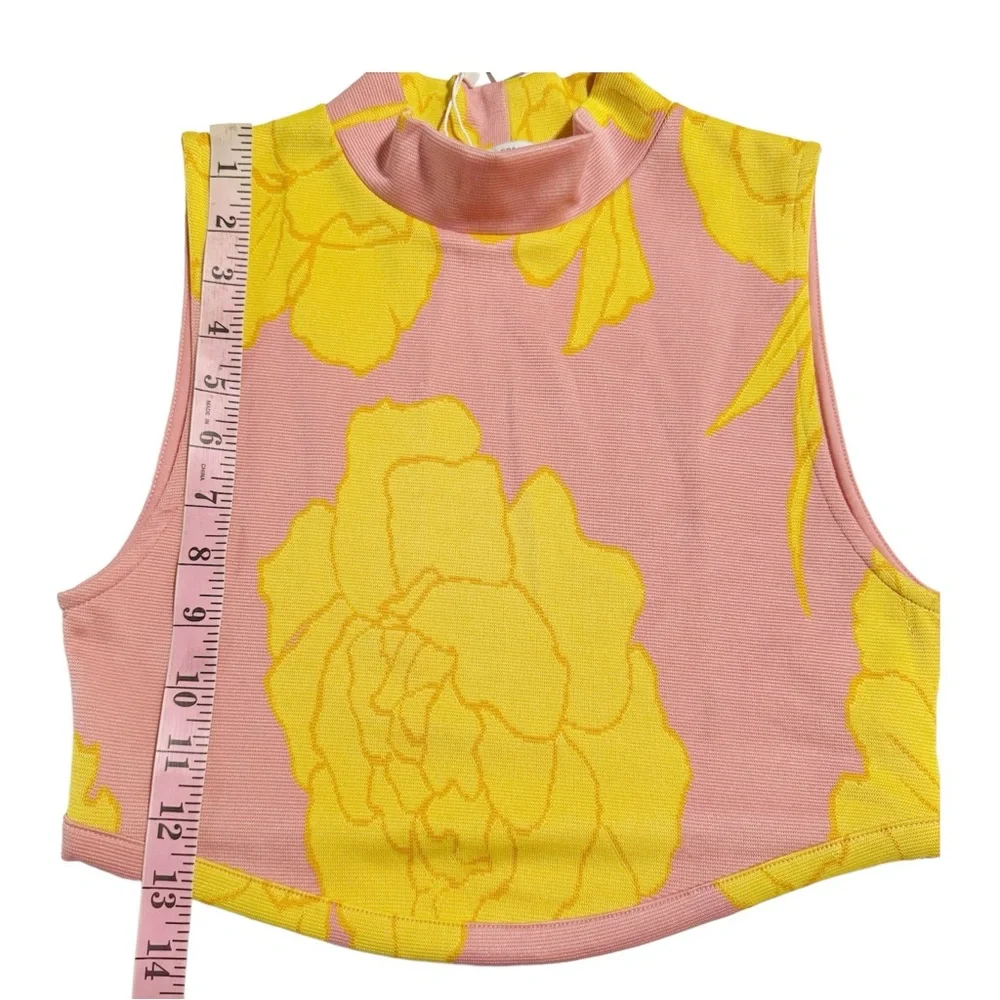 Zara NWT Floral Jacquard Mock Neck Crop Top in Peach Pink/Yellow Size Small - Picture 10 of 13